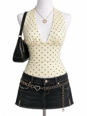 Y2K Babydoll Polka Dot Butter Yellow Halter Pin Up Coquette Going Out Tank Top L